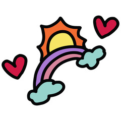 Hand drawn illustration of rainbow, clouds, sun, heart for sticker, kid drawing style, art, tattoo, spring, summer, decoration, patch, brooch, shirt print, sign, symbol, emoji, Pride Month
