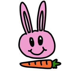 Hand drawn illustrations of happy pink bunny and carrt for cartoon characters, comic, mascot, cute patch, rabbit drawing, animal, pet shop, vet, sticker, zoo, souvenir shop, easter, food
