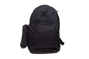 Front view of black textile backpack isolated on white.  School backpack.