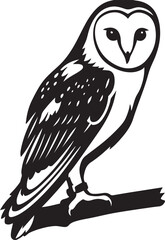Barn owl silhouette on branch black and white, Nocturnal bird perched elegant drawing