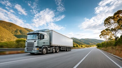 A massive semi-truck driving on a highway with beautiful scenery and blue skies