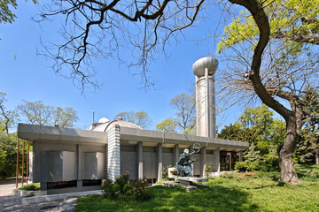 Nicolaus Copernicus Observatory and Planetarium in Varna, Bulgaria. Modern Architecture with Famous Astronomer Statue in the Sea Garden, Park. Science and Education.