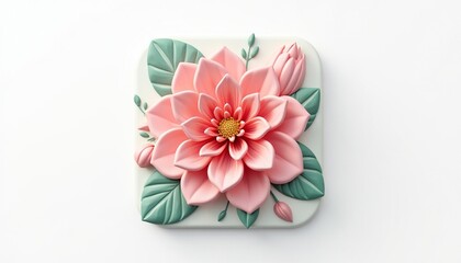 Beautiful pastel pink flower with detailed petals and leaves on a white surface