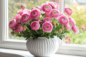 Pink ranunculus flowers in a white vase on a table by the window, close-up spring floral decor for Mother's Day