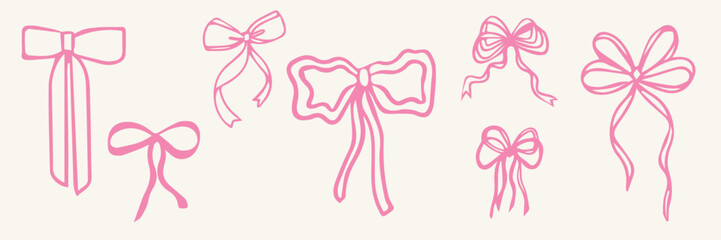 Set of various pink line bows, gift ribbons. Bowknots hand drawn, flat style. Fashionable vector illustration. Hair accessories. Bow knots for gift wrapping. Gift bows, Celebration, party