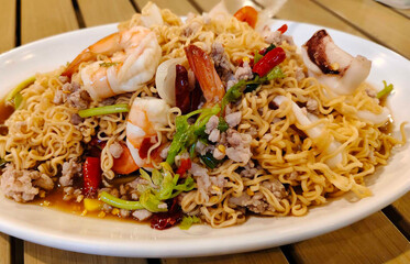 Spicy salad, seafood salad, instant noodle salad, Thai food, seafood