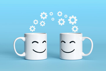 Two white mugs exchanging rotating gears symbolizing effective communication and teamwork