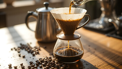 Fresh Pour Over Coffee Brewing in V60 Dripper with Gooseneck Kettle and Morning Light on Wooden Counter for Slow Coffee Ritual Aesthetic