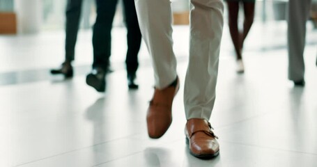 Floor, business people and legs in office for walking, workplace and arriving for finance seminar. Morning, professional employees and shoes in company building for conference, movement and leaving