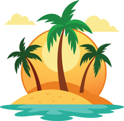 Tropical paradise illustration with palm trees island sun and turquoise ocean water in a vector style