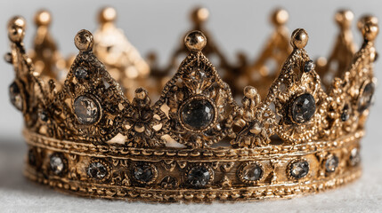 Golden crown with metallic reflections, isolated on white. Symbol of royalty and luxury.