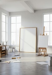  Large Blank Art Frame Mockup and Easel in Bright Artist Studio with Natural Light
