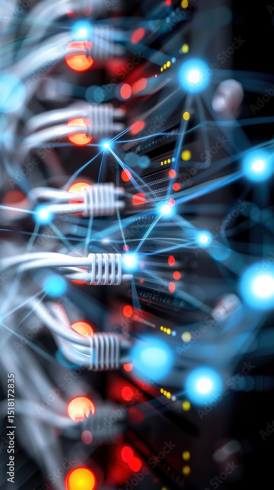 Poster data transmission action server room digital technology network environment close-up view connectivi