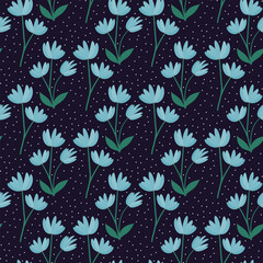 Seamless Dark Floral Pattern with Blue Spring Flowers and Green Leaves, Vintage Botanical Design for Textile, Elegant Night Garden Background