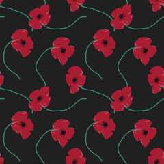 Dark background seamless pattern with vibrant red poppies and green leaves, luxury floral design for modern textile printing