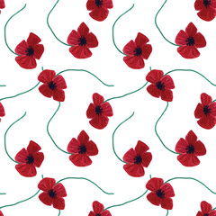 Seamless Vector Pattern with Red Watercolor Poppies on White Background, Hand-Drawn Floral Repeat, Delicate Bloom Texture, Botanical Design for Fabric, Packaging, Decor