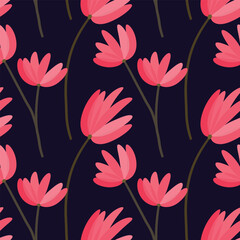 Seamless Vector Floral Pattern with Pink Abstract Petals on Dark Background, Modern Botanical Repeat, Elegant Garden Motif, Minimal Flower Surface for Fabric and Print