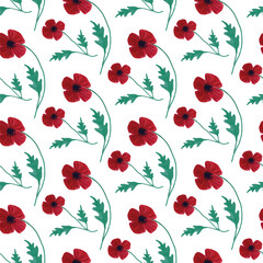 Seamless white background pattern with bright red poppies and green leaves, elegant floral print for modern fabric
