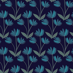 Seamless navy blue floral pattern with minimalistic blue wildflowers and soft botanical leaves, dark background modern nature texture

