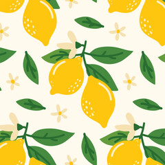 Lemon pattern in a fresh and summer style. Hand-drawn lemons with leaves and flowers. Perfect for packaging, textiles, backgrounds, wallpapers, cards, prints and decor. Citrus tropical fruits.
