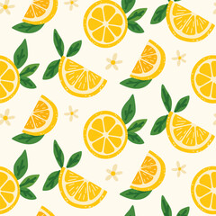 Lemon pattern in a fresh and summer style. Hand-drawn lemons with leaves and flowers. Perfect for packaging, textiles, backgrounds, wallpapers, cards, prints and decor. Citrus tropical fruits.