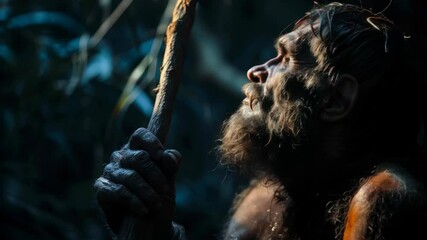 Profile of a man with a long beard and a stick, useful for documentaries and historical reenactments.
