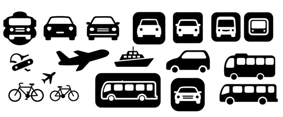 Transportation, vehicle icon 50 set. Vector glyph pictograms of travel, logistics, public transit concepts, car, train, bus, bicycle, boat, and airplane black silhouette