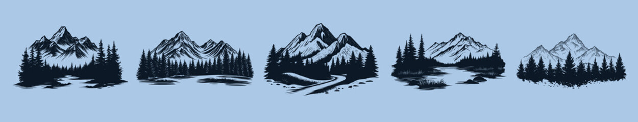 Serene mountain landscape illustrations, element vector set