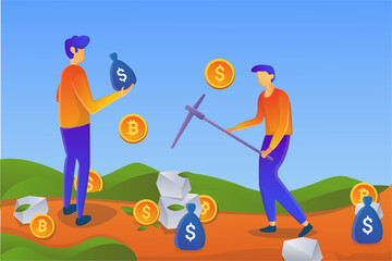 Cryptocurrency Mining Illustration with Bitcoin and Dollar Symbols