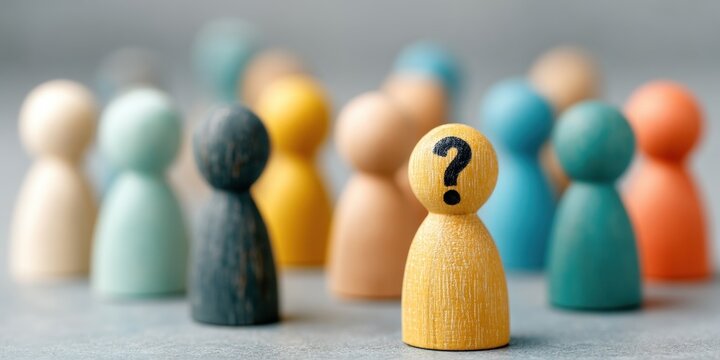 Wooden figurines in various colors stand together, with one yellow figure in front featuring a black question mark on its head, symbolizing individuality or curiosity.