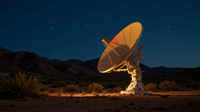 Satellite dish night desert mountain communication astronomy technology parabolic landscape starry sky�A large satellite dish stands illuminated remote desert landscape night, surrounded by mountains