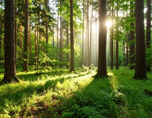 Obraz premium Lush green forest with sunlight filtering through trees, peaceful nature, fresh air feeling, environmental concept, tranquil scene