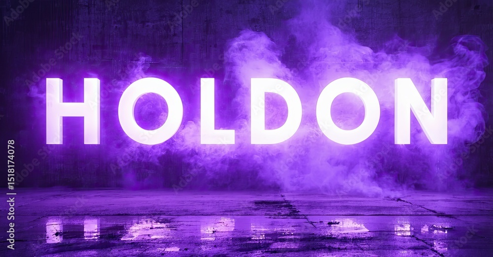 Poster Bright text reads HOLDON against dark wall. Purple smoke fills space, creating dramatic effect. Reflective floor adds depth.