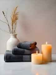 Folded towels stone stack candles