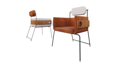 Two stylish armchairs with leather upholstery and metal frames