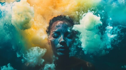 A woman floats underwater with her eyes closed, her face painted in vivid colors. Surrounding her are swirls of colorful smoke, creating a surreal and dreamlike atmosphere