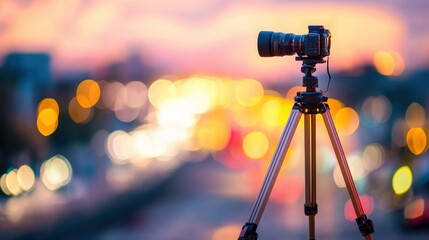 Camera on tripod at twilight city lights.