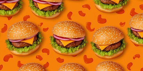 Seamless pattern of realistic burgers with sesame buns, lettuce, tomato, and meat on a vibrant orange background. Perfect for fast food branding, menus, or pop-art style projects.