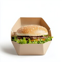 Delicious hamburger with lettuce, tomato, and cheese in a hexagonal cardboard box on a white background. Perfect for fast food branding, delivery ads, or packaging design visuals..