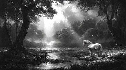 Fototapeta premium Majestic white horse in a serene forest glade bathed in sunlight