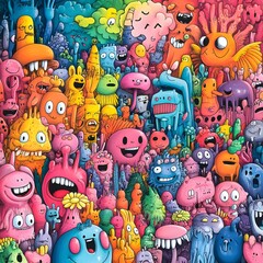 Obraz premium Colorful creatures fill a vibrant and detailed illustration.