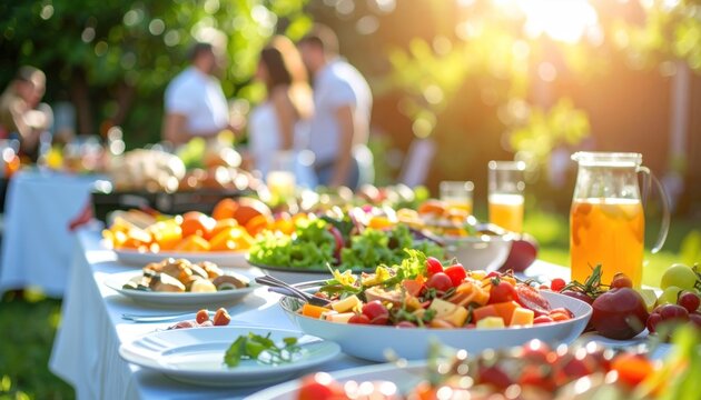 Outdoor garden party with long table laden with colourful, fresh foods and beverages