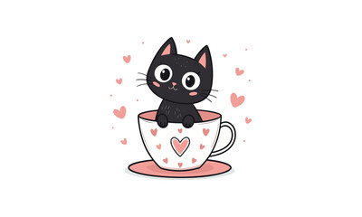 Black Cat in Teacup with Hearts