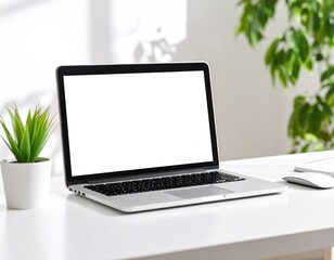 Fototapeta premium Modern laptop computer on clean white desk, minimalist workspace setup, productivity concept, professional environment