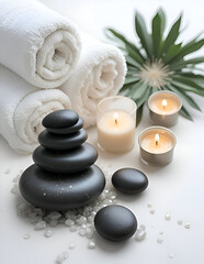 White towels spa stones candles