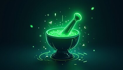 Neon illuminated Mortar and Pestle illustration with magical elements design