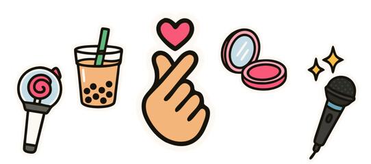 Korean Pop Culture Vector Stickers – K-Pop Lightstick, Bubble Tea, Finger Heart, Makeup and Microphone – Transparent Background
