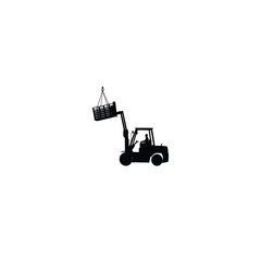 Silhouette of a forklift lifting a heavy pallet on white background