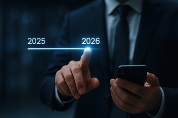 Future Vision: A sharp-dressed individual uses futuristic technology to bridge the present with an illuminated future, emphasizing the concepts of progress and technological advancement.