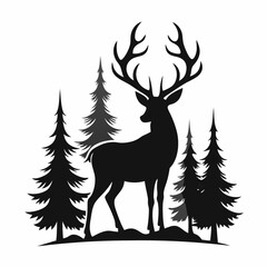 Deer Silhouette with Antlers and Pine Trees